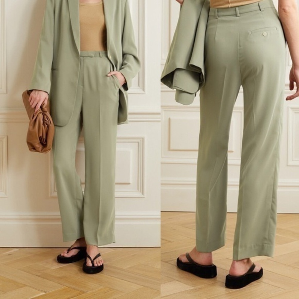 The Frankie Shop NWT Isla Pleated Green Sage Crepe Straight-Leg Trousers Pants S